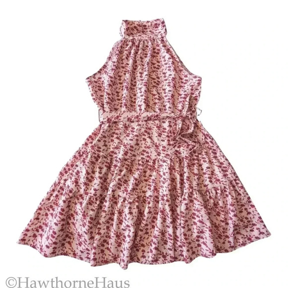 SHEIN Ditsy Floral Fit & Flare Dress Size L Pink Red Belted Tiered Halter - Picture 1 of 6